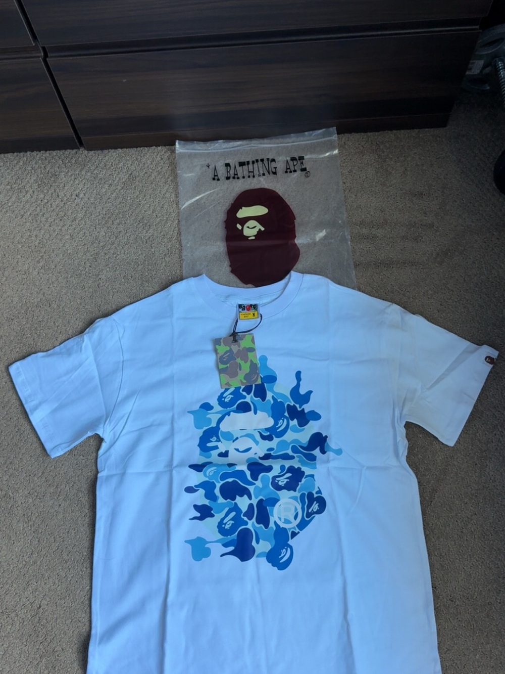Bape White Tee with Blue Camo Ape Head Graphic S-M